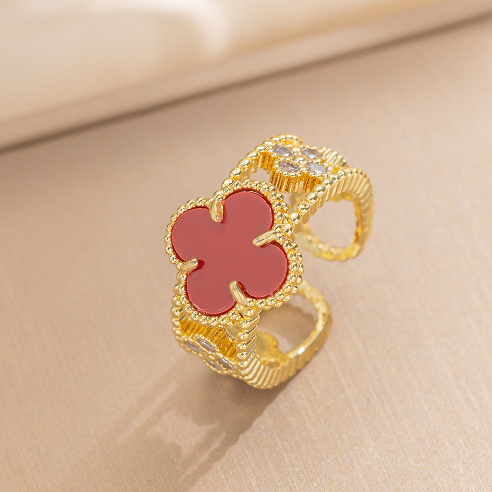 Luxury Minimalist Adjustable Open Ring for Women with Gold-Plated Copper Band and Zircon Stone Accent in Heart and Floral Shape