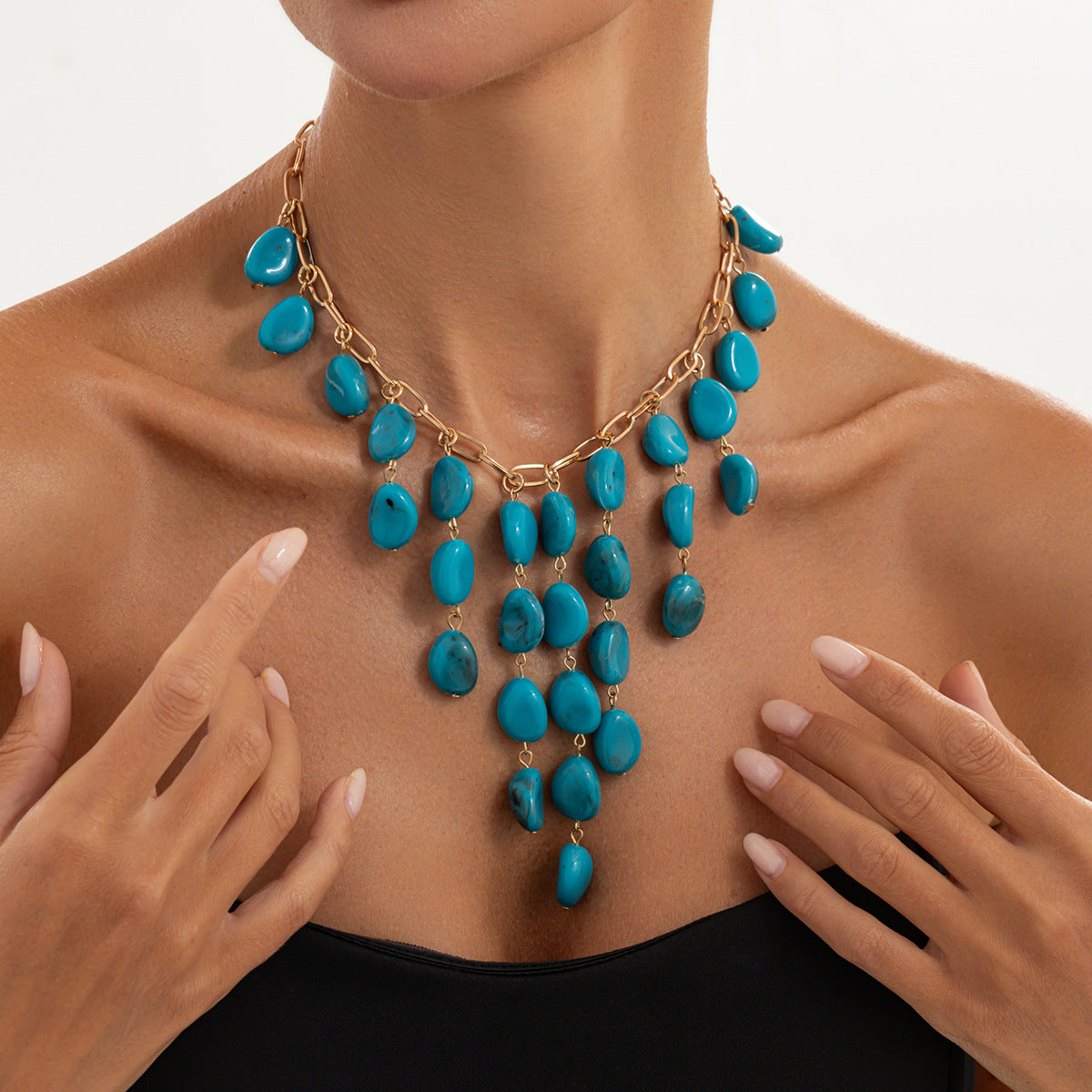 Bohemian Vintage Geometric Oval Resin Pendant Plated Alloy Necklace for Women