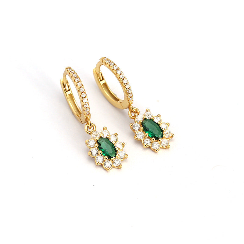 Fashionable Office-Style Geometric Silver Stud Earrings with Green Zircon Inlay and Rhodium Plating