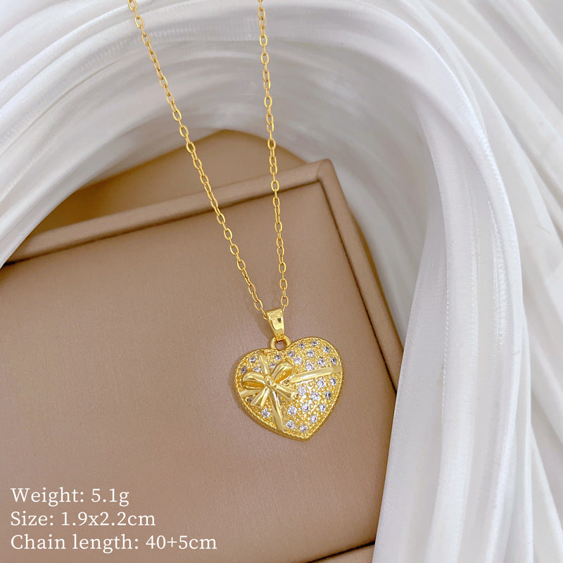 Elegant Heart and Floral Pendant Necklace for Women with Full Rhinestone Accents on Titanium Steel Chain