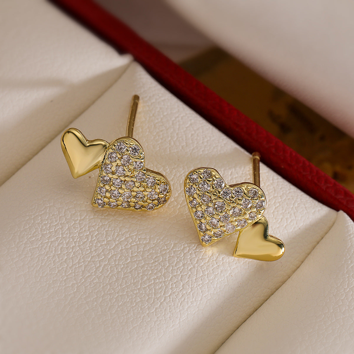 Minimalist Heart-Shaped Copper Earrings with 18K Gold Plating and Micro-Paved Zirconia for Women