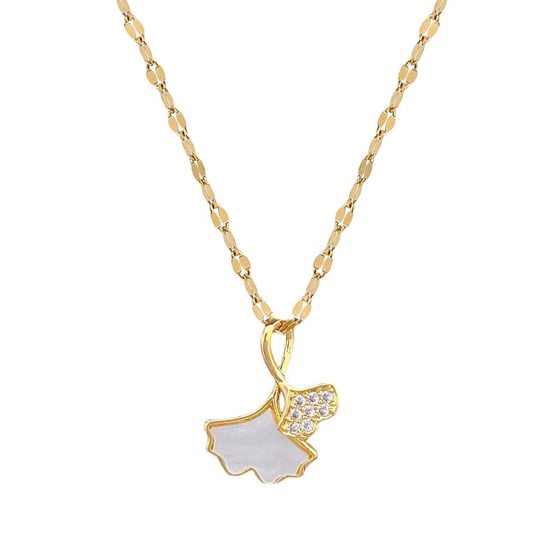 Minimalist Ginkgo Leaf Pendant Necklace in Titanium Steel with Lips Chain for Women and Men