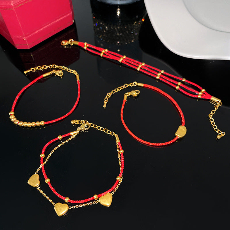 Luxury Elegant Heart Geometric Titanium Steel Polished Red Rope Bracelet for Women