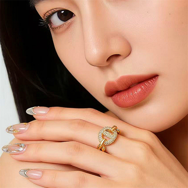 Minimalist Elegant Geometric Letter Ring 18K Gold Plated Brass Full Cubic Zirconia Inlay Open Adjustable Finger Ring for Women