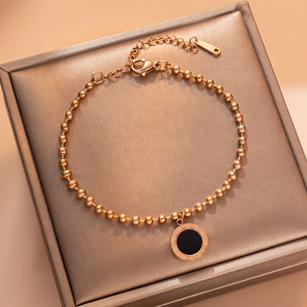 Minimalist Geometric Round Pendant Titanium Steel Bracelet for Women with 18K Rose Gold Plating and Letter Accent