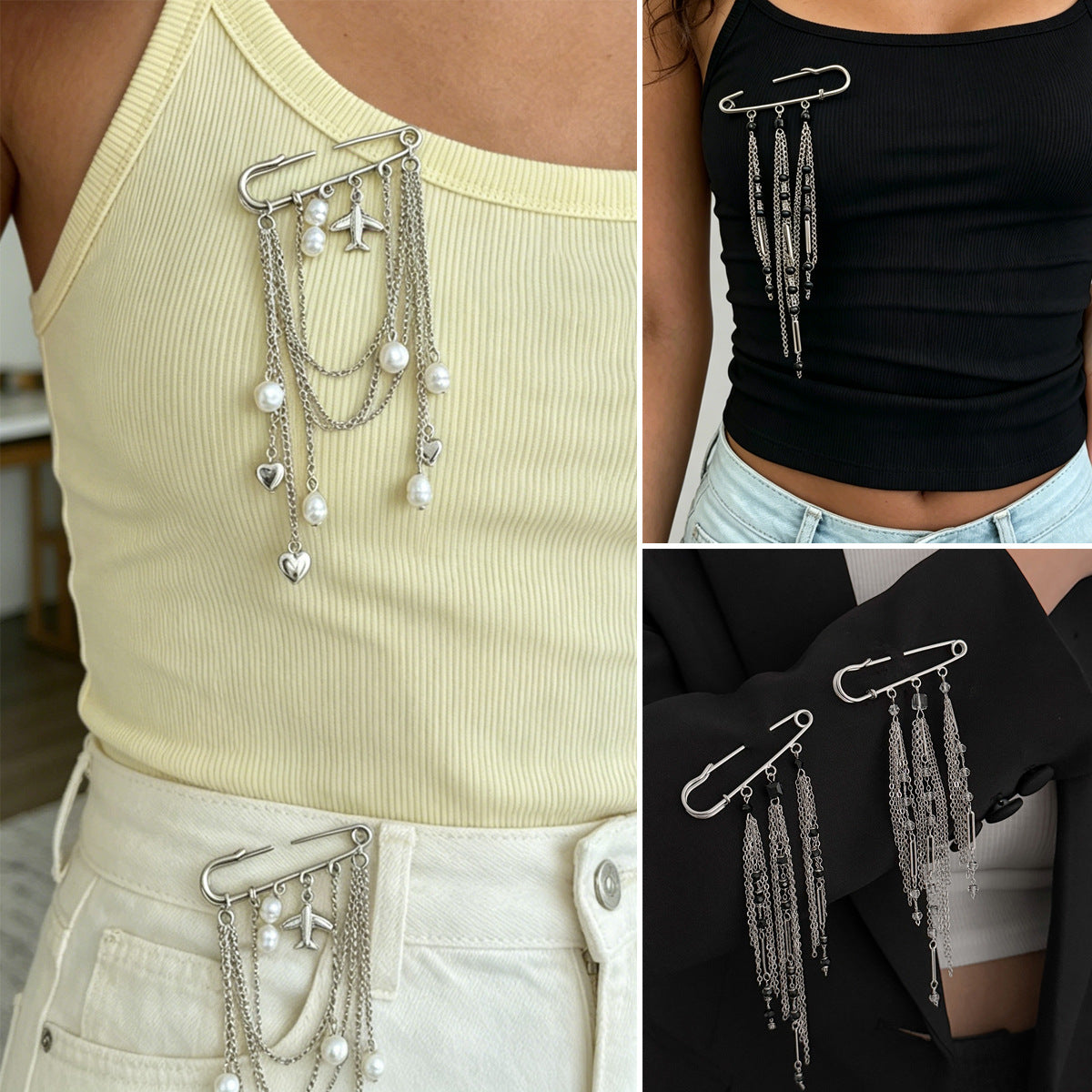 Hip-hop Plated Iron Heart Crystal Brooch Pin with Chain Tassel DIY Charm Bar