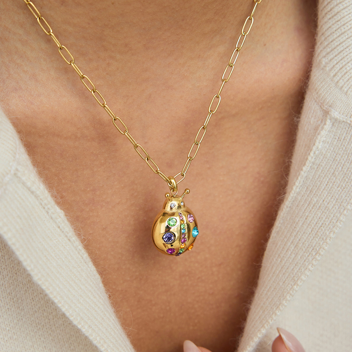 Minimalist Geometric Ladybug Stainless Steel PVD Necklace for Women