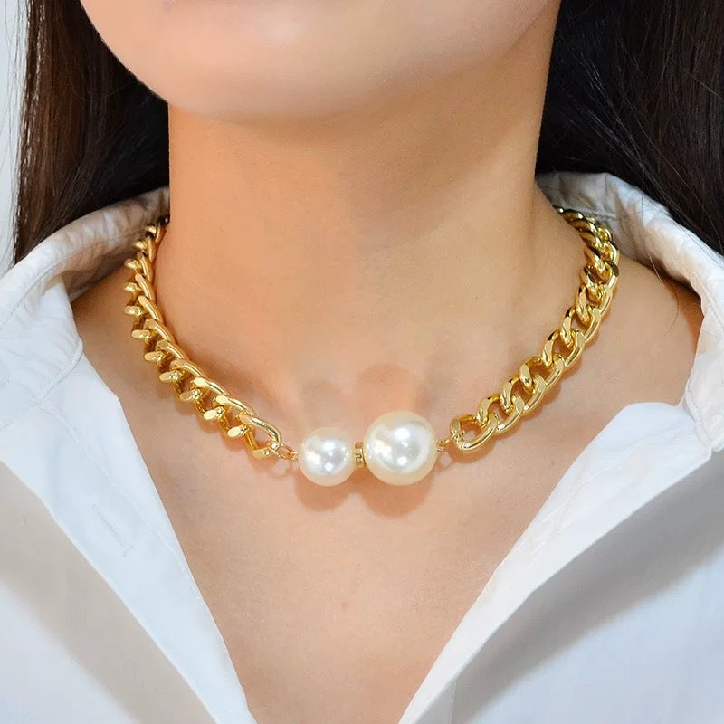 Exaggerated Geometric Titanium Steel Cuban Link Necklace with Large and Small Pearls for Women