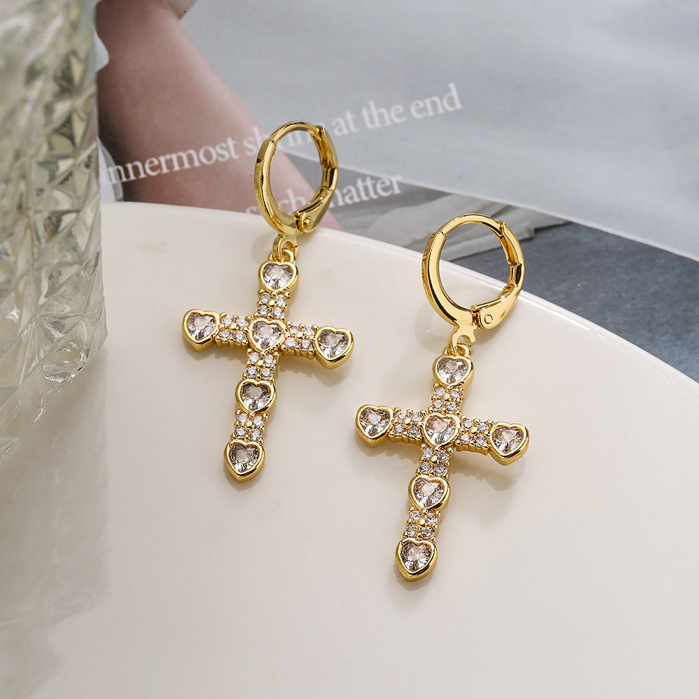 Orecchini a croce minimalisti in rame placcato oro 18 carati con intarsio in zircone da donna