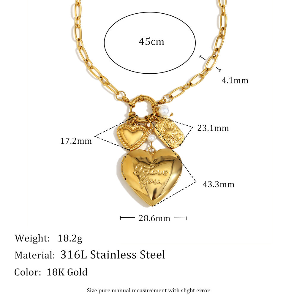 Collana con Pendente a Cuore alla Moda in Acciaio Inossidabile, Placcata Oro 18K, con Motivi di Corallo e Conche Marine su Design a Cerchio Tondo