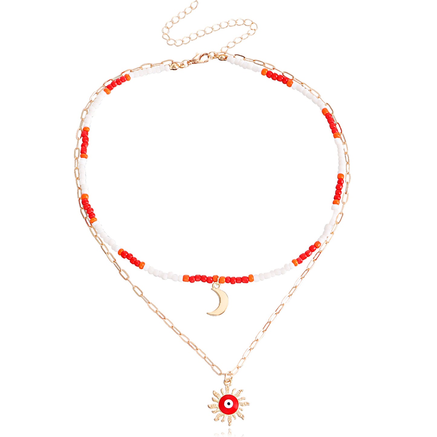 Bohemian Mixed-Color Miyu Moon and Evil Eye Pendant Necklace for Women with Alloy Construction and Electroplated Finish