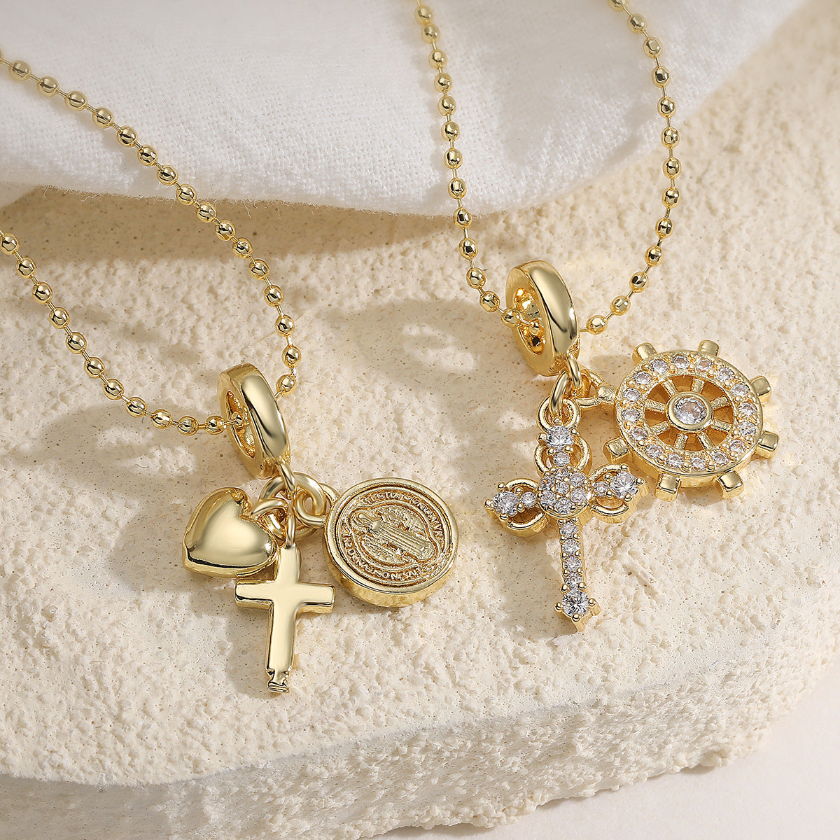 Minimalist Gold Plated Brass Cross Heart Cubic Zirconia Pendant Necklace for Women