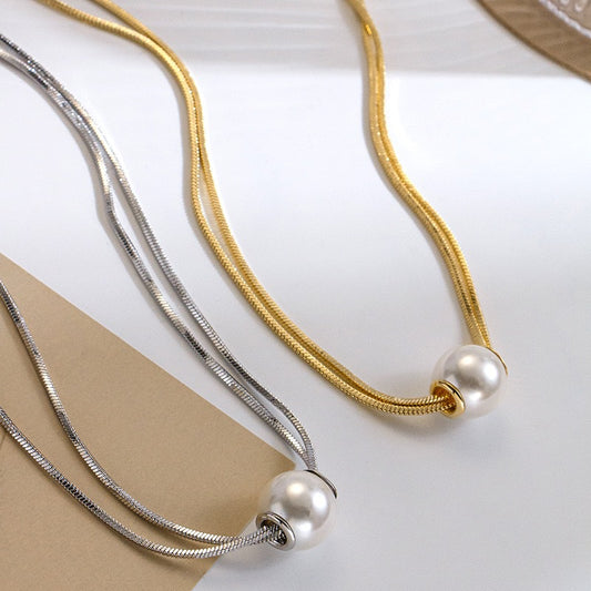 Luxury Elegant Teardrop Round Pearl Titanium Steel Snake Chain Necklace for Women