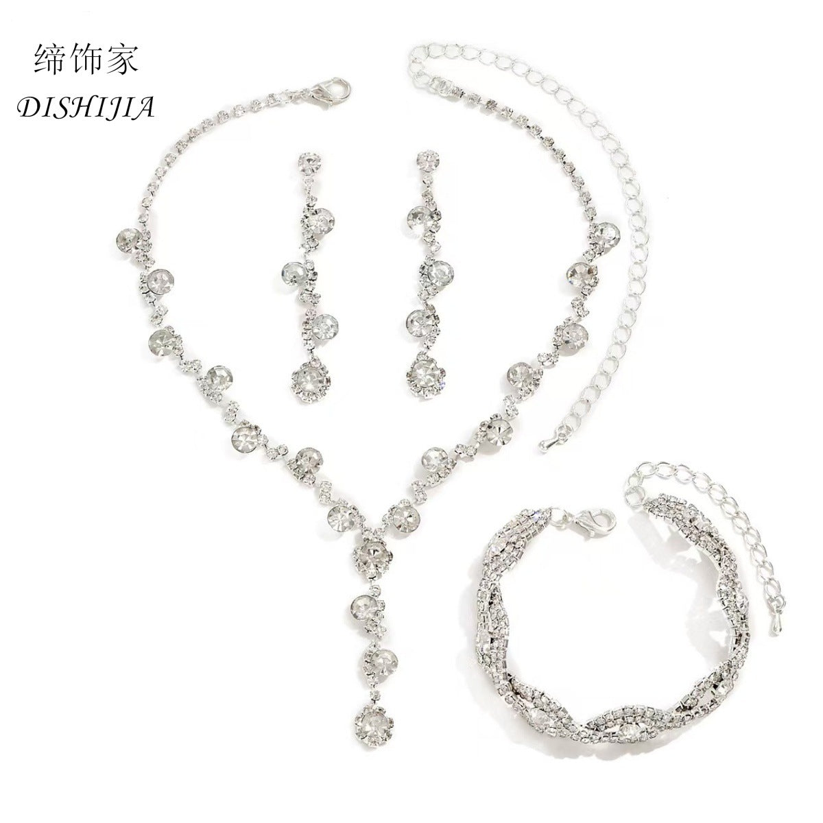 Princess Style Teardrop Pendant Necklace with Claw Chain Set Including Rhinestone Earrings and Bracelet for Women