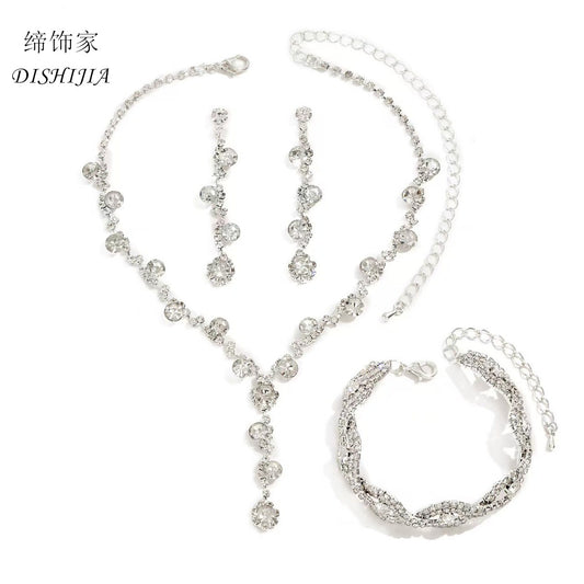 Princess Style Teardrop Pendant Necklace with Claw Chain Set Including Rhinestone Earrings and Bracelet for Women