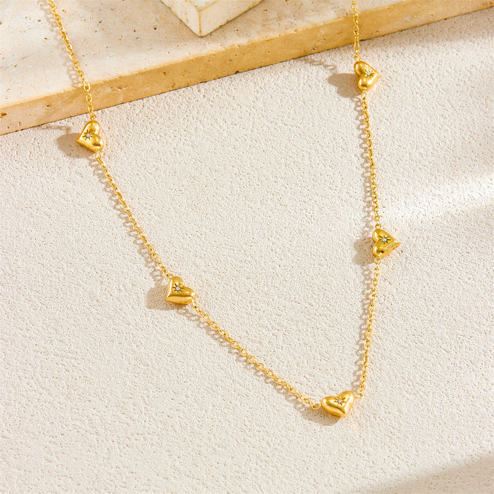 Minimalist Fashionable Clavicle Necklace with Rhinestone-Inlaid Eight-Pointed Star and Heart Pendant in Stainless Steel with Plated Finish on O-Chain