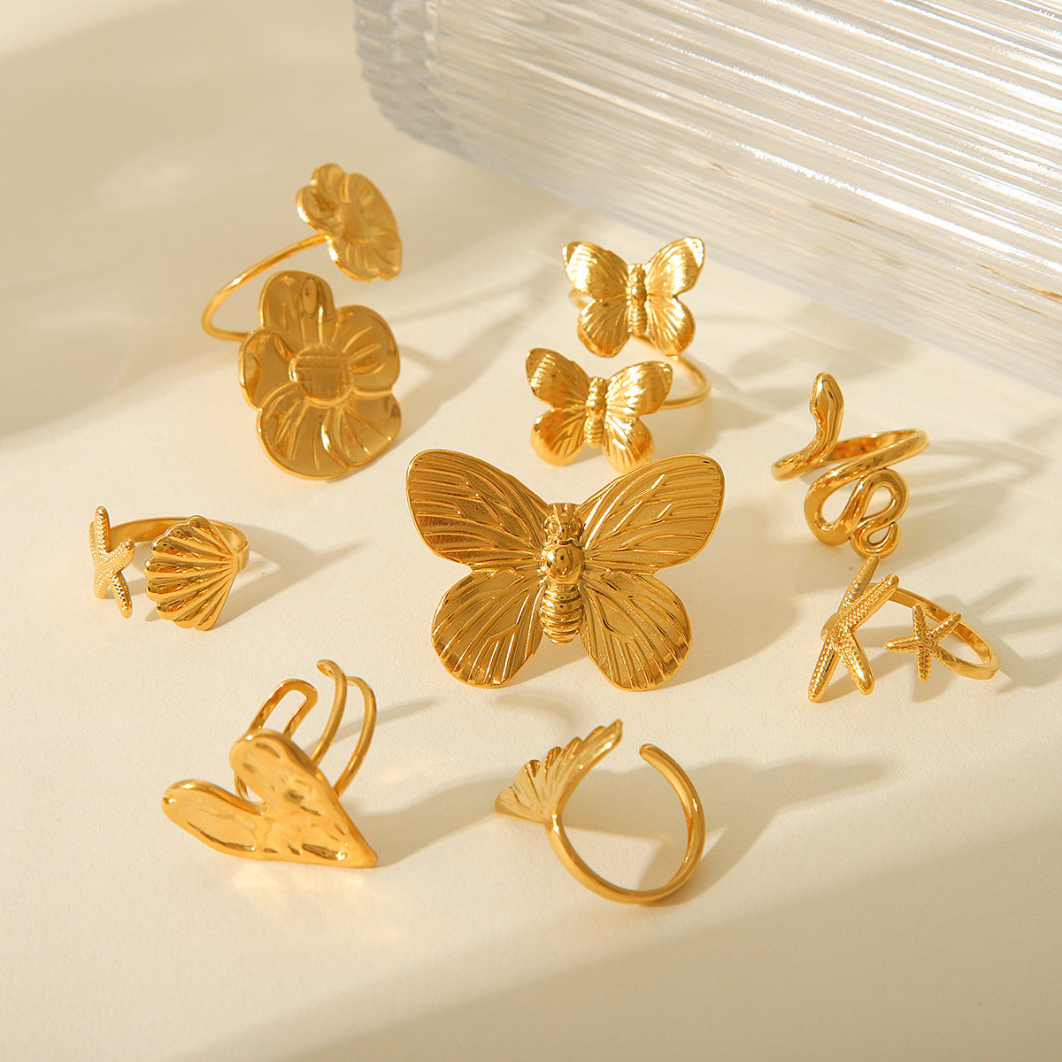 Ins Style Butterfly Flower Heart Open Ring for Women in Stainless Steel with Plated Finish