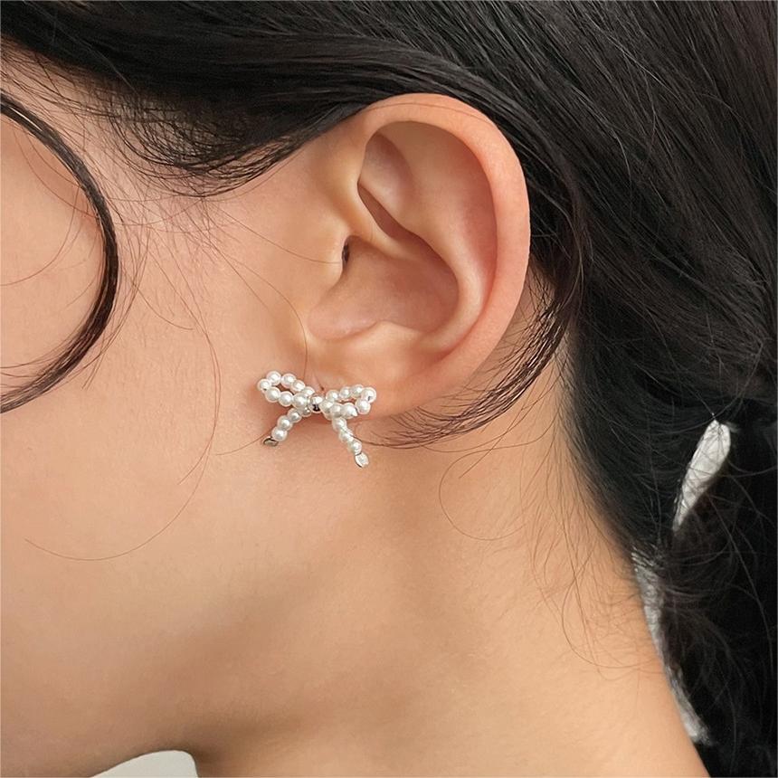 Minimalist Bow Knot Pearl Earrings in 925 Sterling Silver with Electroplated Finish for Women