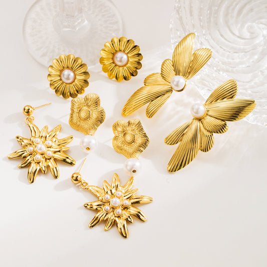 Pendientes de acero inoxidable geométricos de moda para mujer con baño de oro y detalles de perlas