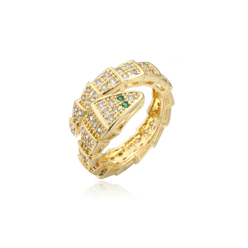 Vintage Geometric Bamboo Joint Snake Ring in Copper with 18K Gold Plating and Micro-Pave Zirconia for Women