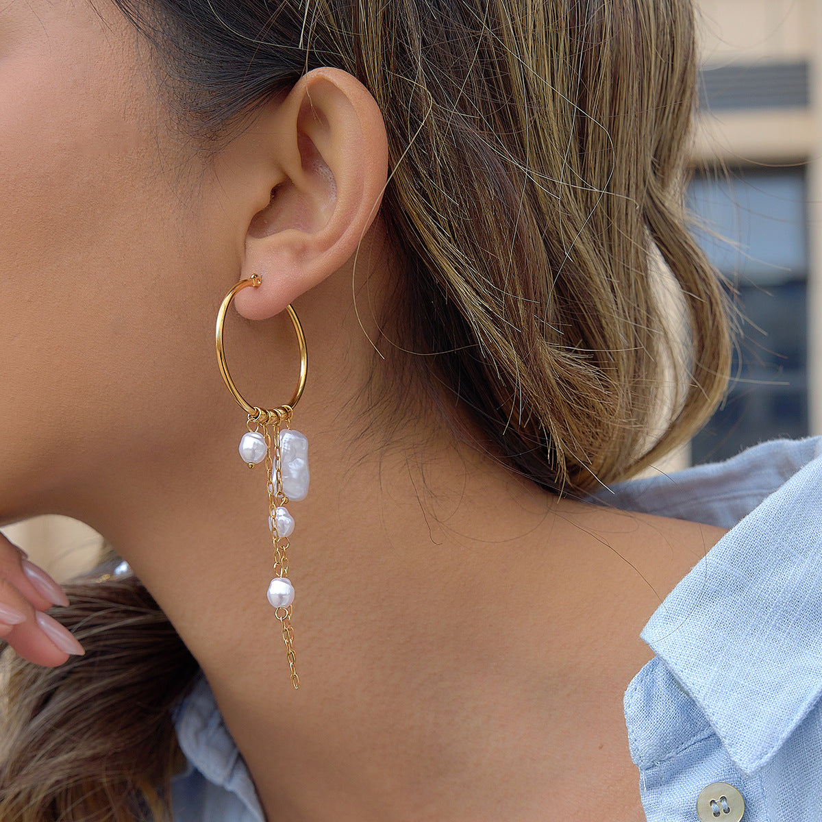 Elegant Geometric Stainless Steel Plated Faux Pearl Tassel Earrings for Women