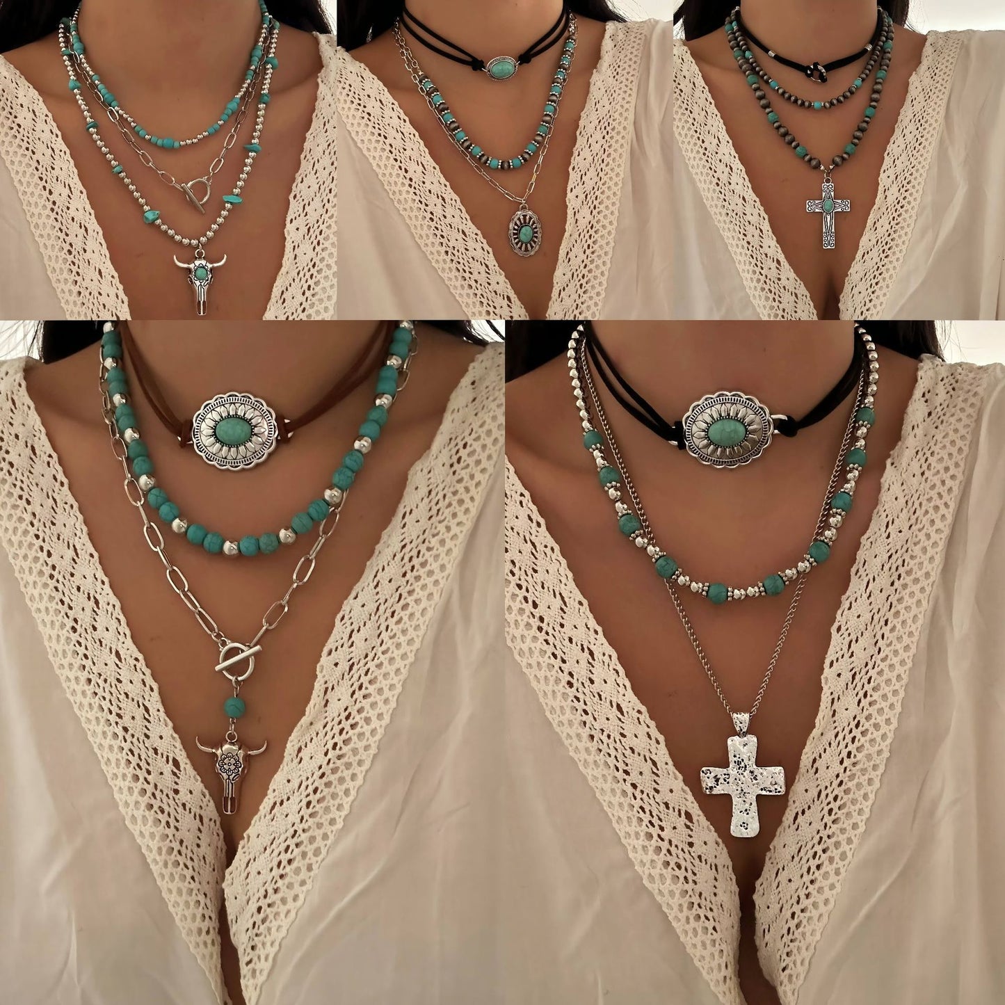 Collana con ciondolo in lega geometrico a croce a forma di testa di toro finta turchese etnica vintage da donna