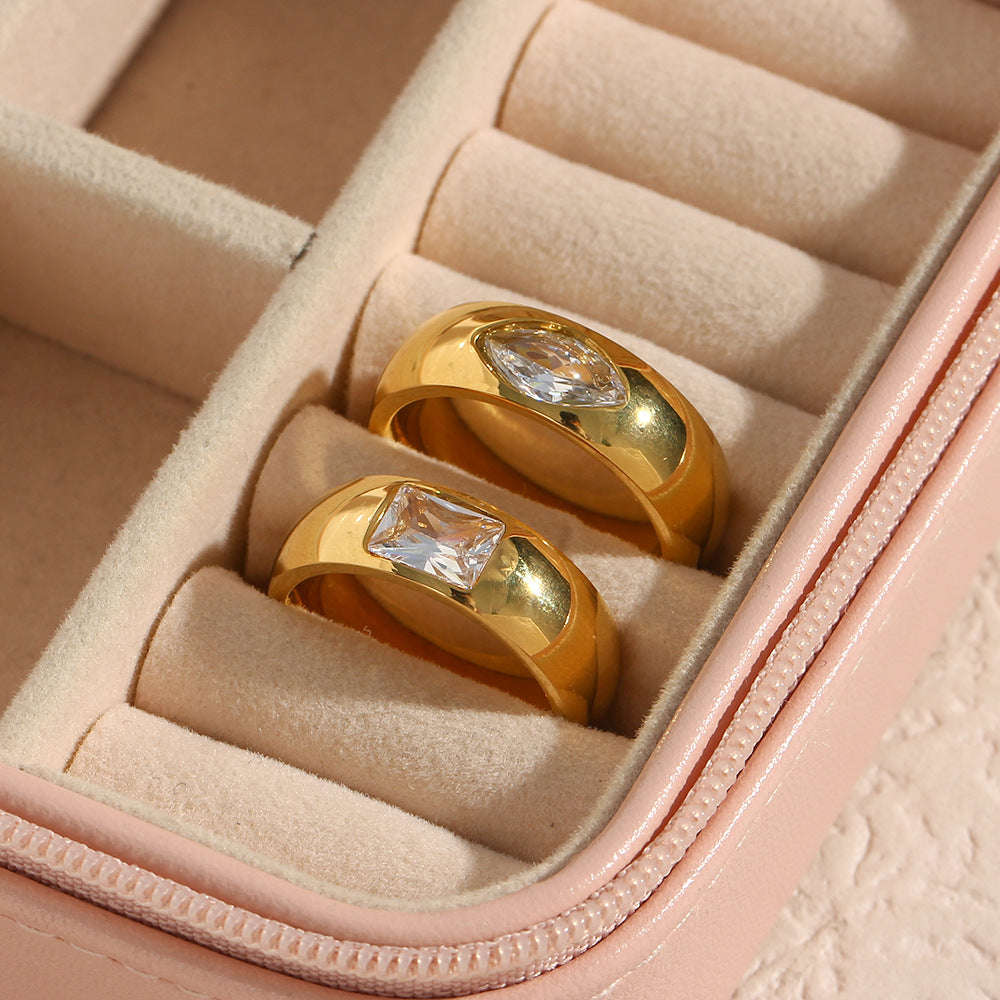 Anello Tondo in Zircone Placcato Oro 18K in Acciaio Inossidabile Geometrico alla Moda da Donna