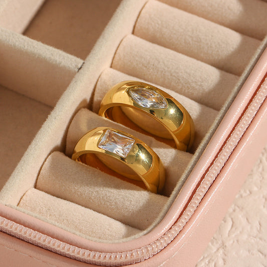 Anello Tondo in Zircone Placcato Oro 18K in Acciaio Inossidabile Geometrico alla Moda da Donna