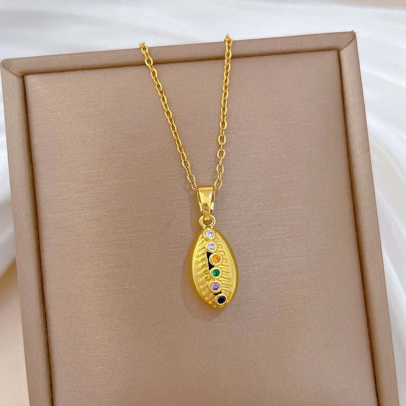 Sweet Colorful Geometric Moon Rhinestone Pendant Necklace Titanium Steel Chain for Unisex