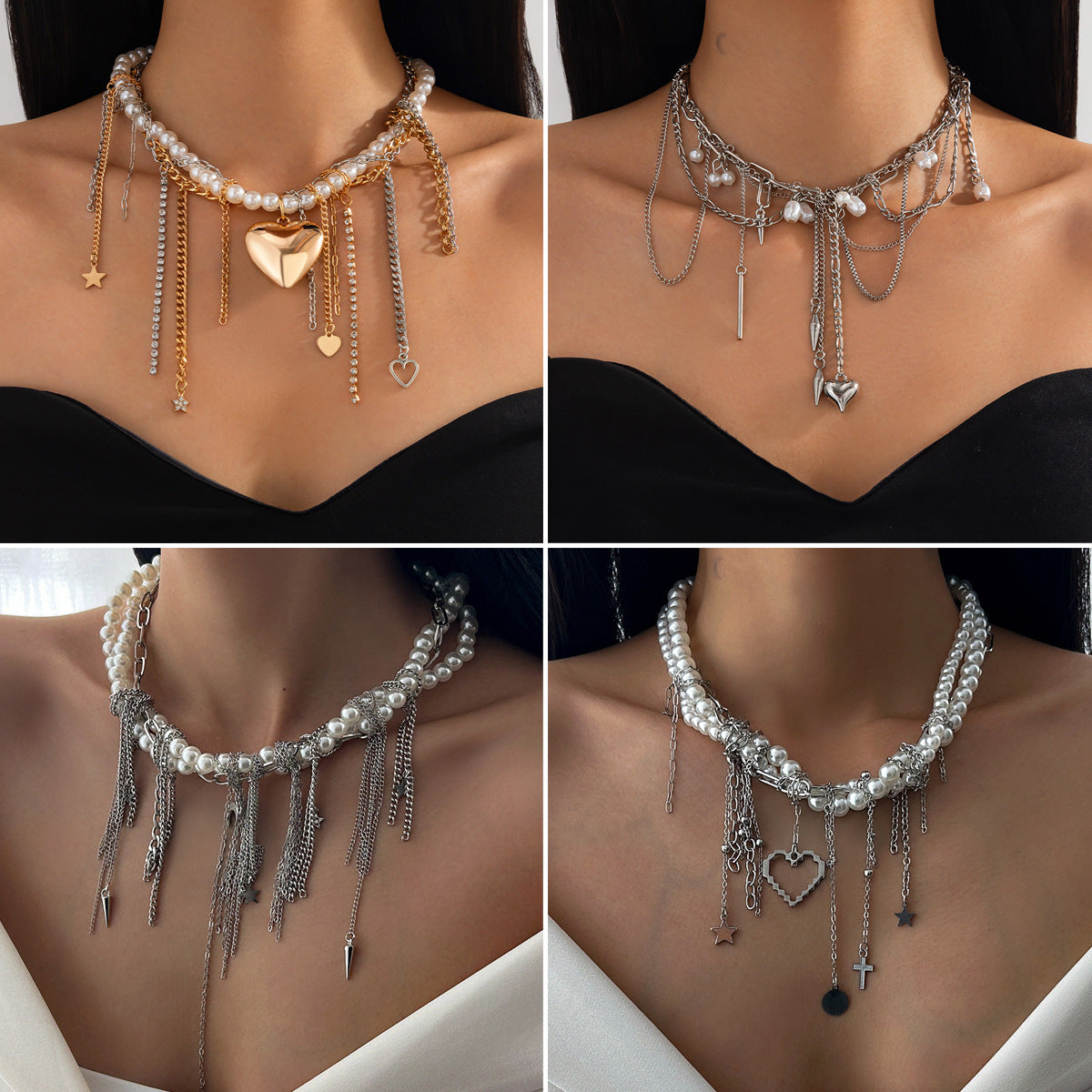 Minimalist Heart Geometric Pearl Pendant Plated Alloy Necklace with Tassel for Women