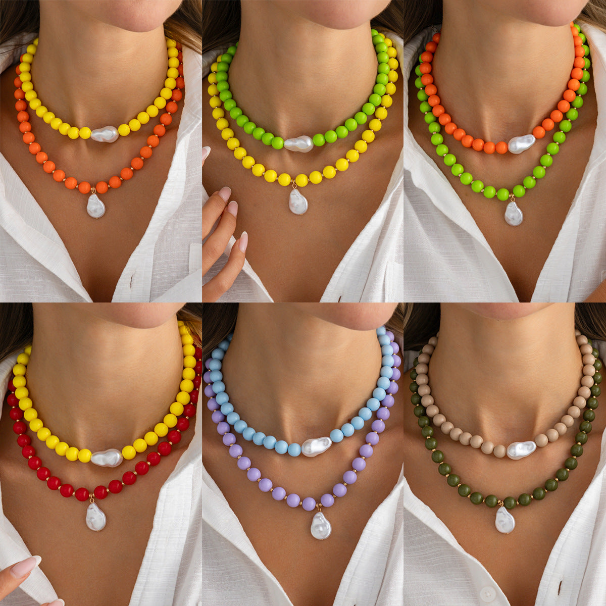 Vintage Geometric Acrylic Beaded Necklace with Baroque Pearl Pendant for Women
