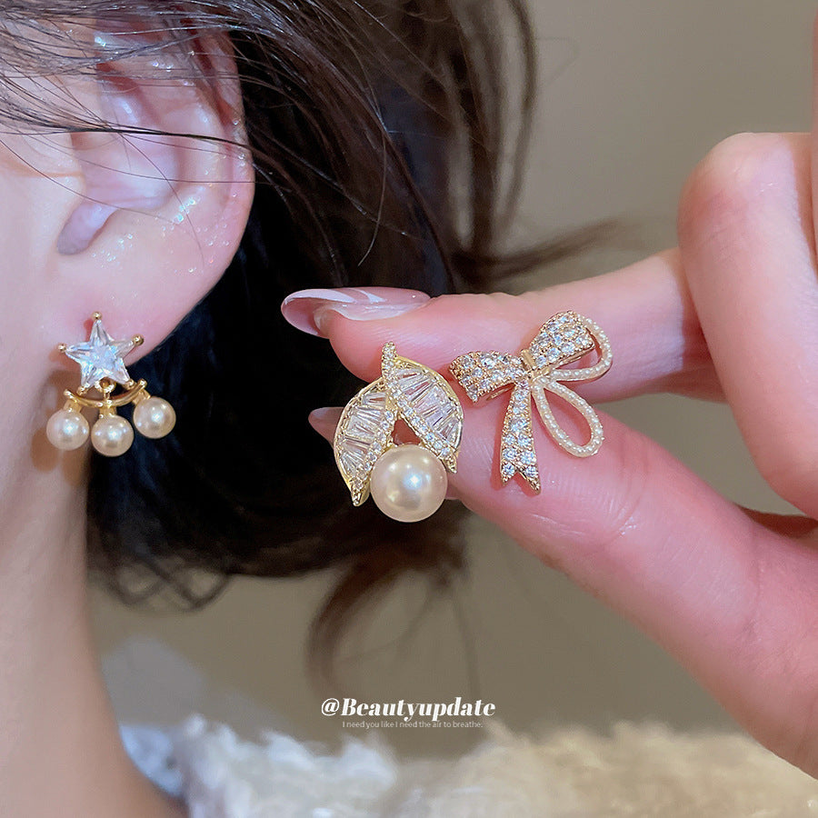 Elegantes pendientes de perlas con circonitas en forma de estrella, minimalistas, para mujer, con postes de acero inoxidable