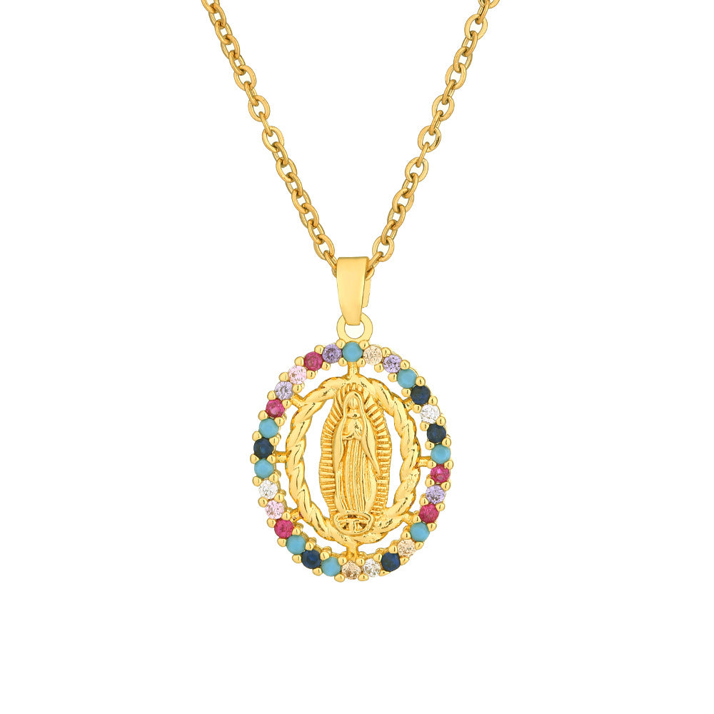 Collar con colgante de la Virgen María geométrico de moda para mujer con incrustaciones de circonita cúbica y cadena de cobre chapado en oro