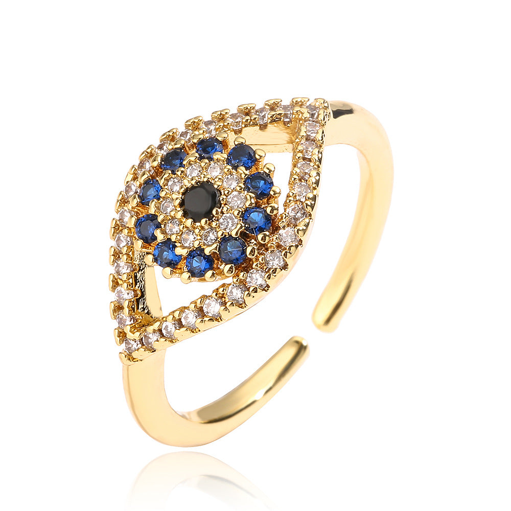 Minimalist Geometric Copper Ring with Gold Plating and Zircon Inlay Evil Eye Design for Women