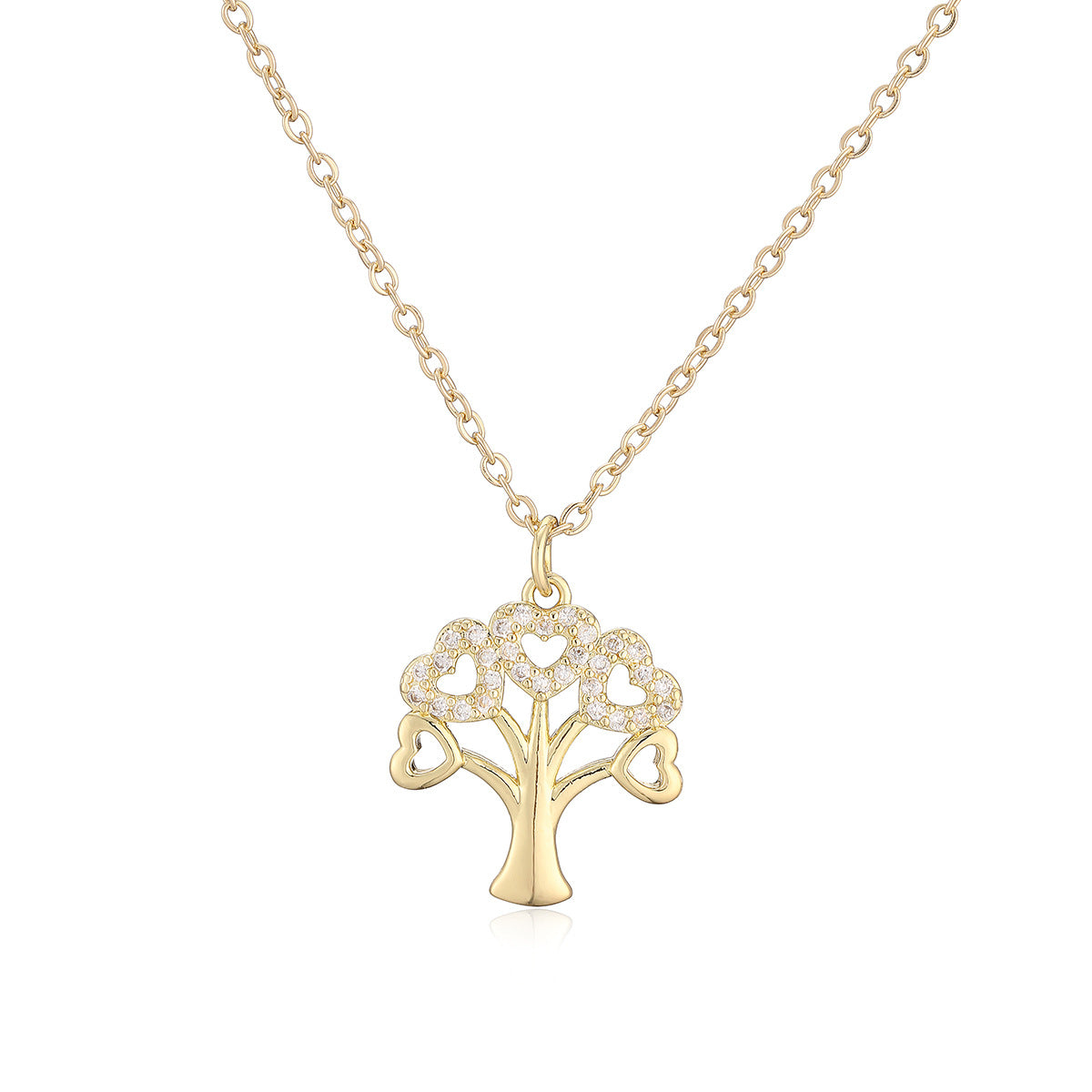 Minimalist Elegant Gold Plated Brass Geometric Tree of Life Pendant Necklace with Cubic Zirconia for Women