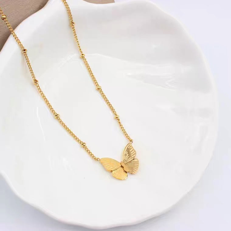 Minimalist Butterfly Pendant Necklace for Women in Titanium Steel with O-Chain Design