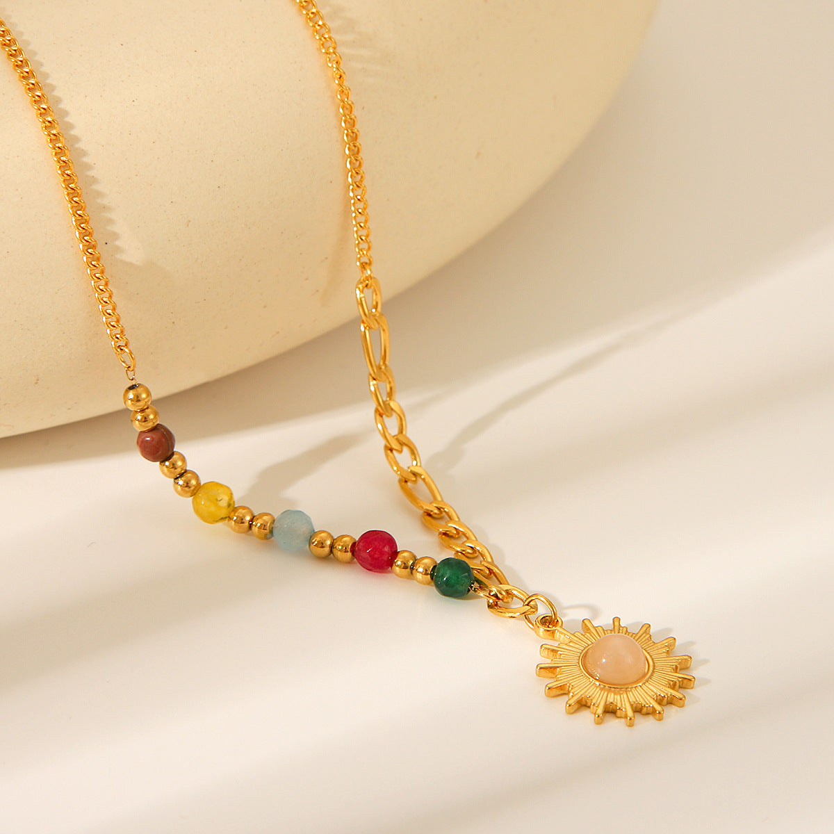 Collana con Pendente Geometrico in Acciaio Inossidabile Placcato Oro 18K con Pietra Occhio di Gatto Solare, Stile Francese Vintage, da Donna