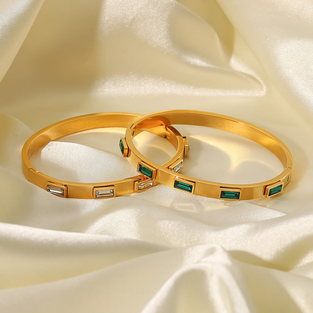 Minimalist Geometric Titanium Steel Bracelet for Women with Green and White Zircon Inlay and Plated Finish