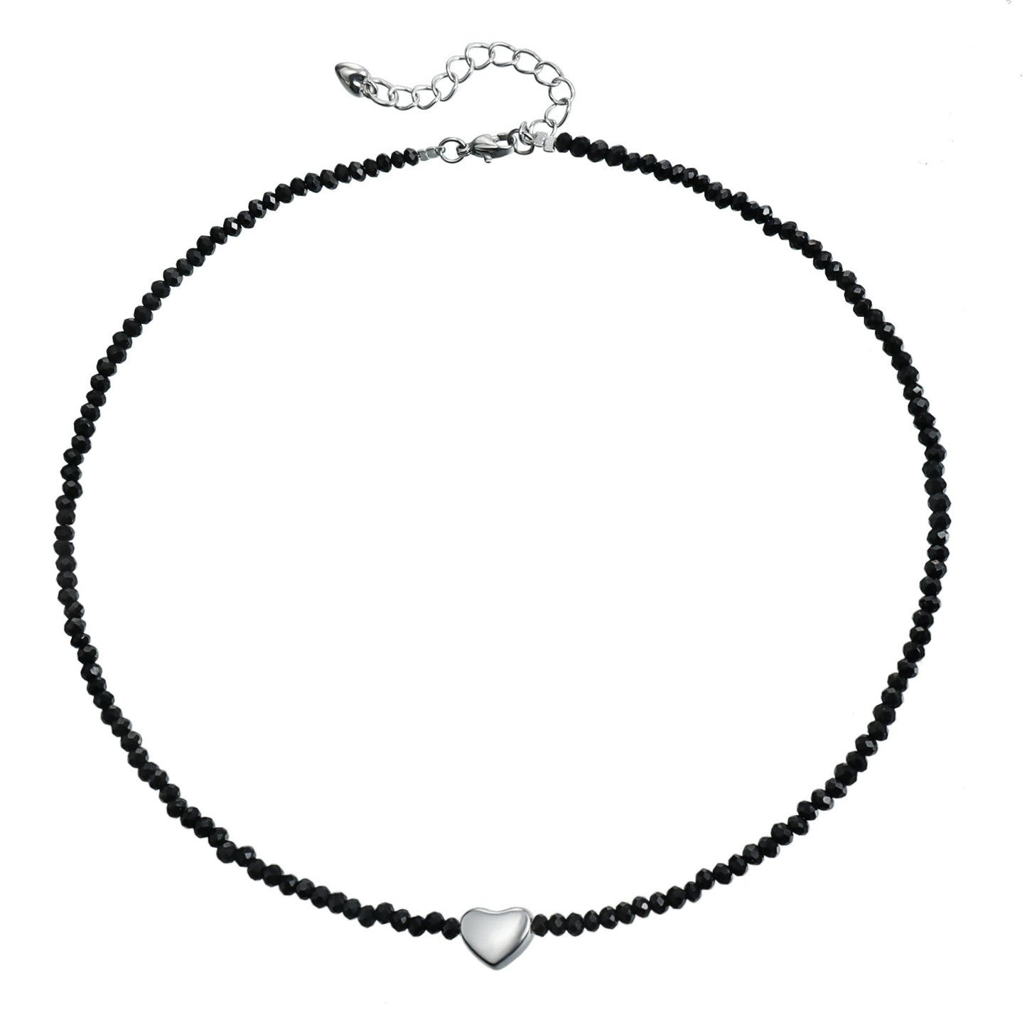 Minimalist Heart-Shaped Alloy Pendant Necklace with Crystal Glass Beads and Black Onyx Accents on Delicate Clavicle Chain