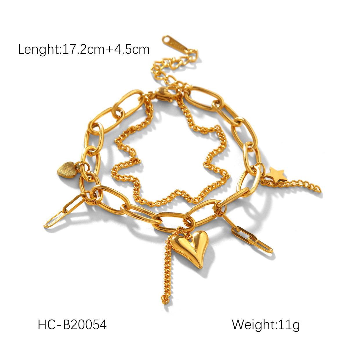 Fashionable 18K Gold Plated Stainless Steel Double Chain Bracelet with Star and Heart Charms for Women