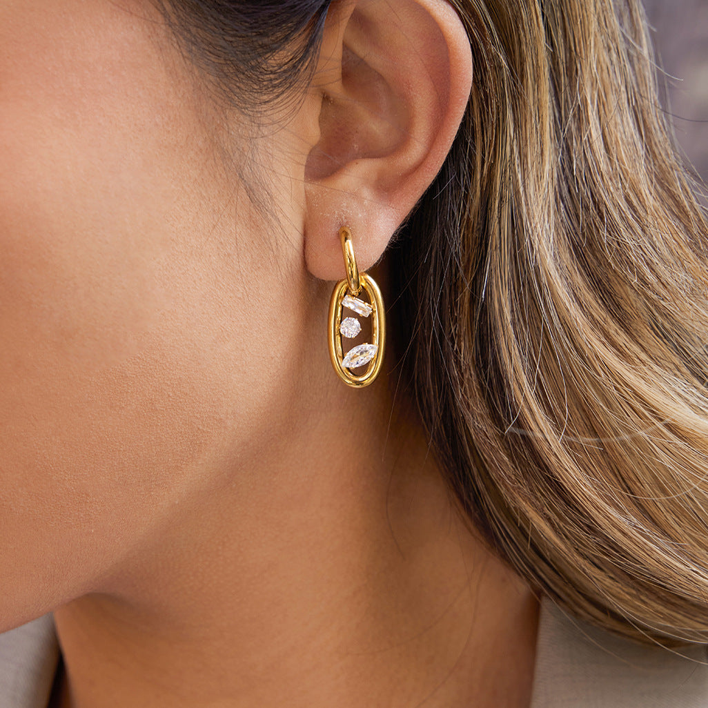 Orecchini geometrici in acciaio inossidabile placcati oro 18K con zirconi per donna, Lusso e moda per tutti i giorni