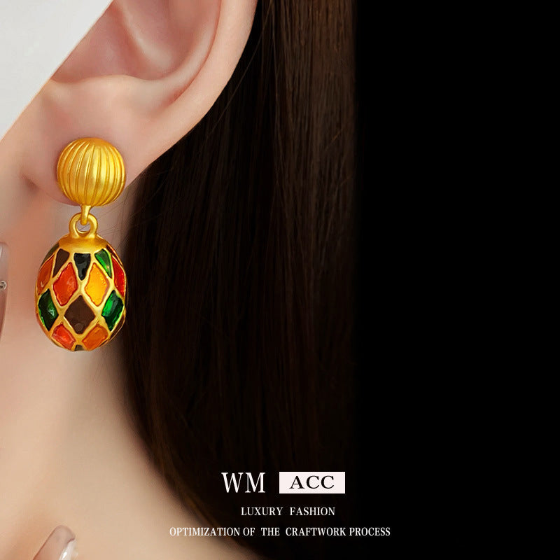 Vintage-Style Geometric Enamel Oval Earrings in Alloy for Women with Retro Artistic Appeal