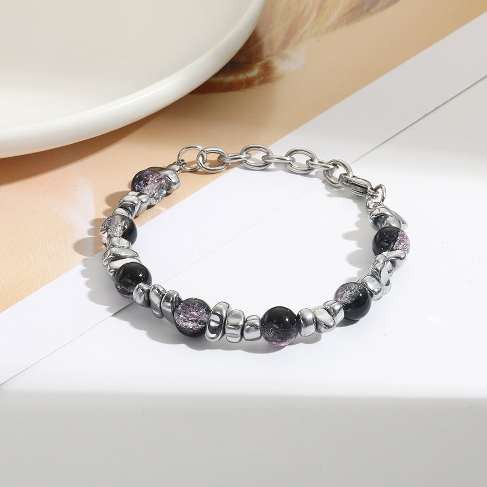 Hip-hop Streetwear Geometric Titanium Steel Stainless Steel Double Layer Cracked Bead Bracelet for Men and Women