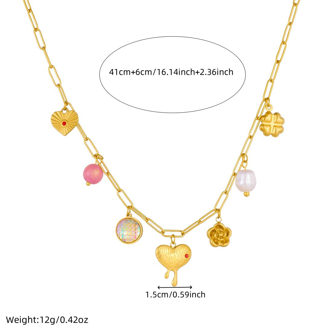 Casual Gold Plated Stainless Steel Heart Floral Rhinestone Pendant Necklace for Women