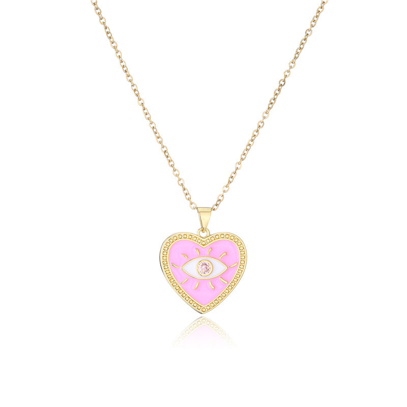 Fashion Heart Eye Geometric Drip Oil Gold Plated Brass Pendant Necklace for Women with Cable Chain