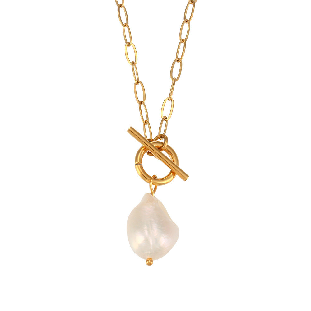 Fashionable Baroque Freshwater Pearl Pendant Necklace for Women in Stainless Steel with Geometric Design and Plated Finish
