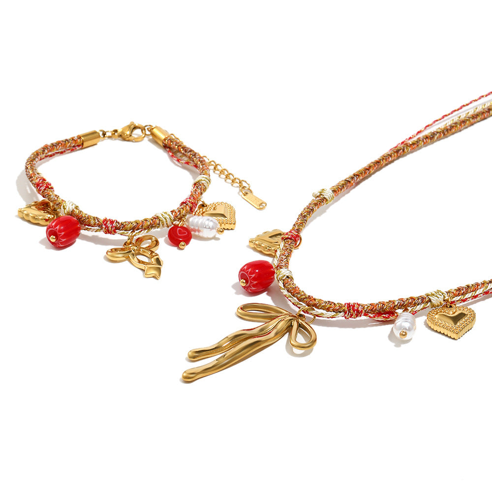 Geometric Butterfly Pendant Necklace in Stainless Steel with 18K Gold Plating and Tassel Detail for Women