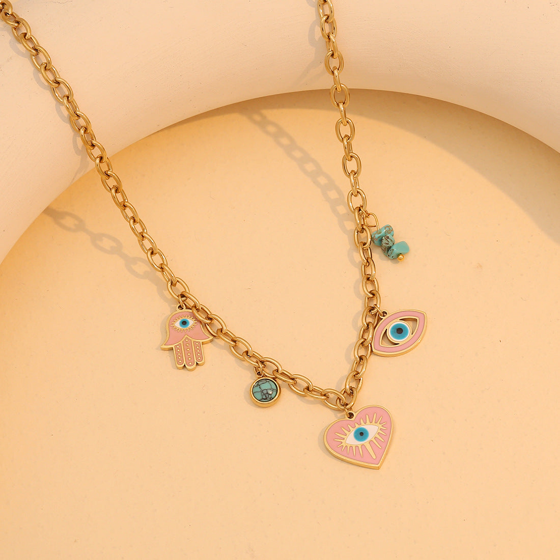 Playful Heart-Shaped Enamel Stainless Steel Pendant Necklace with Hand Design and Cross Chain for Women