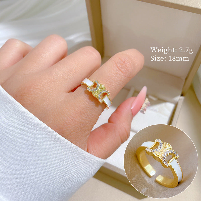 Minimalist Geometric Gold-Plated Brass Open Ring for Women with Crown Shape and Rhinestone Inlay