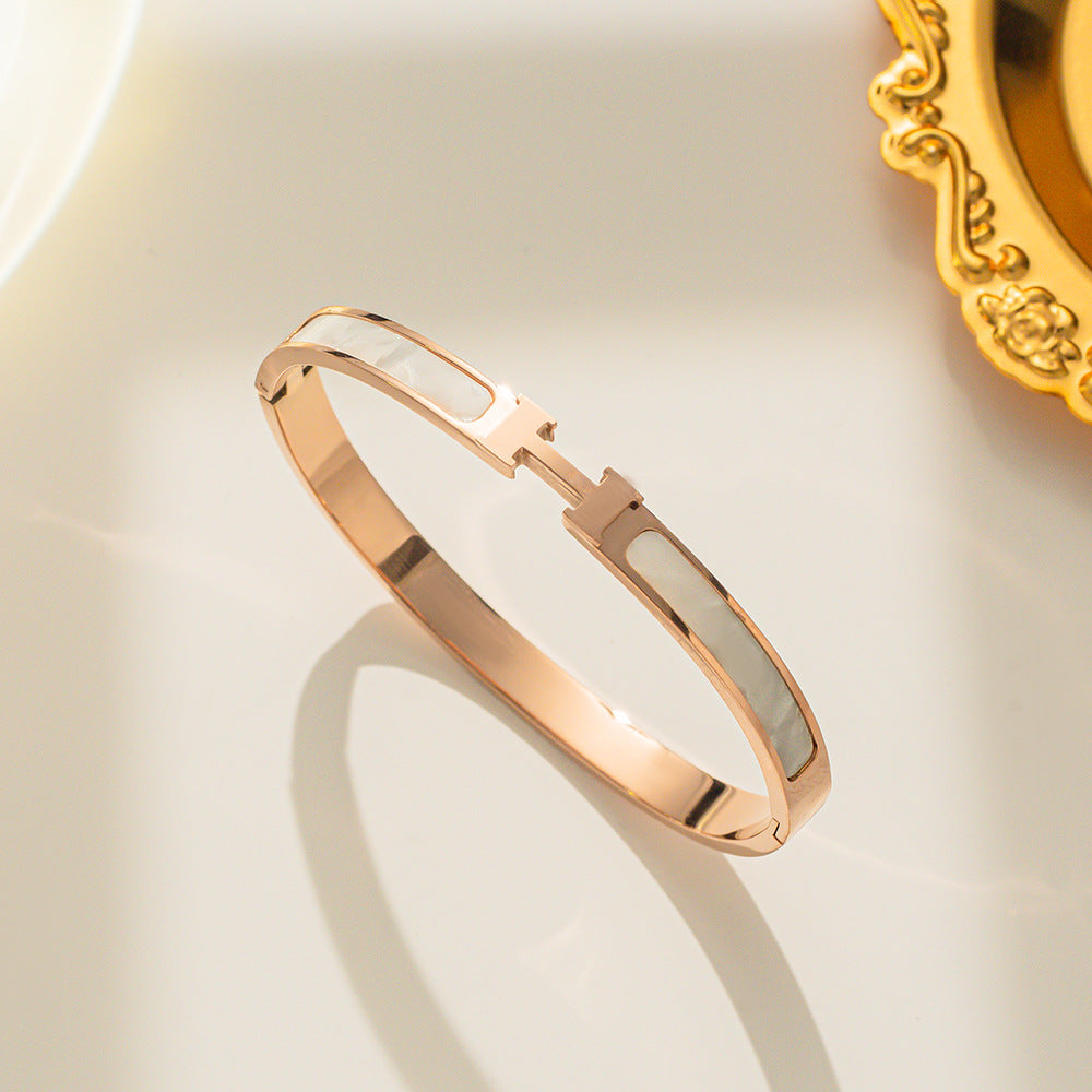 Minimalist H-Shaped Titanium Steel Bracelet for Women with Inlay Detailing, Fashionable and Trendy Hand Jewelry